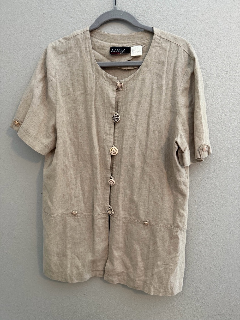 MHM Linen Rayon Tunic Top Size 10 Lagenlook Artsy Boho Button Front Cottagecore